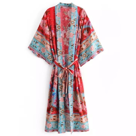Other - Bohemian Red Peacock Floral Gypsy Kimono Long Maxi Coverup Duster Robe Wrap